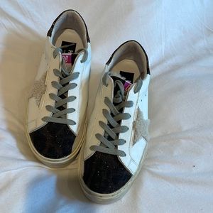 GOLDEN GOOSE PLATFORM HI-STAR SNEAKERS SPARKLE LEOPARD PRINT W/ SHERPA STAR PINK